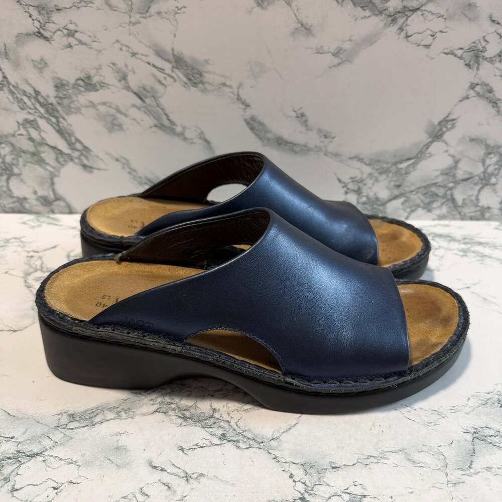 Naot Women 9 Rome Slip On Shoe Navy Blue Leather Open Toe Comfort Chunky Heel